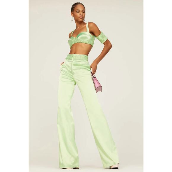 Aliette Sz 10 Green Lime Silk Satin silky Wide Leg Smocked Waist Pants Urban - Picture 1 of 5